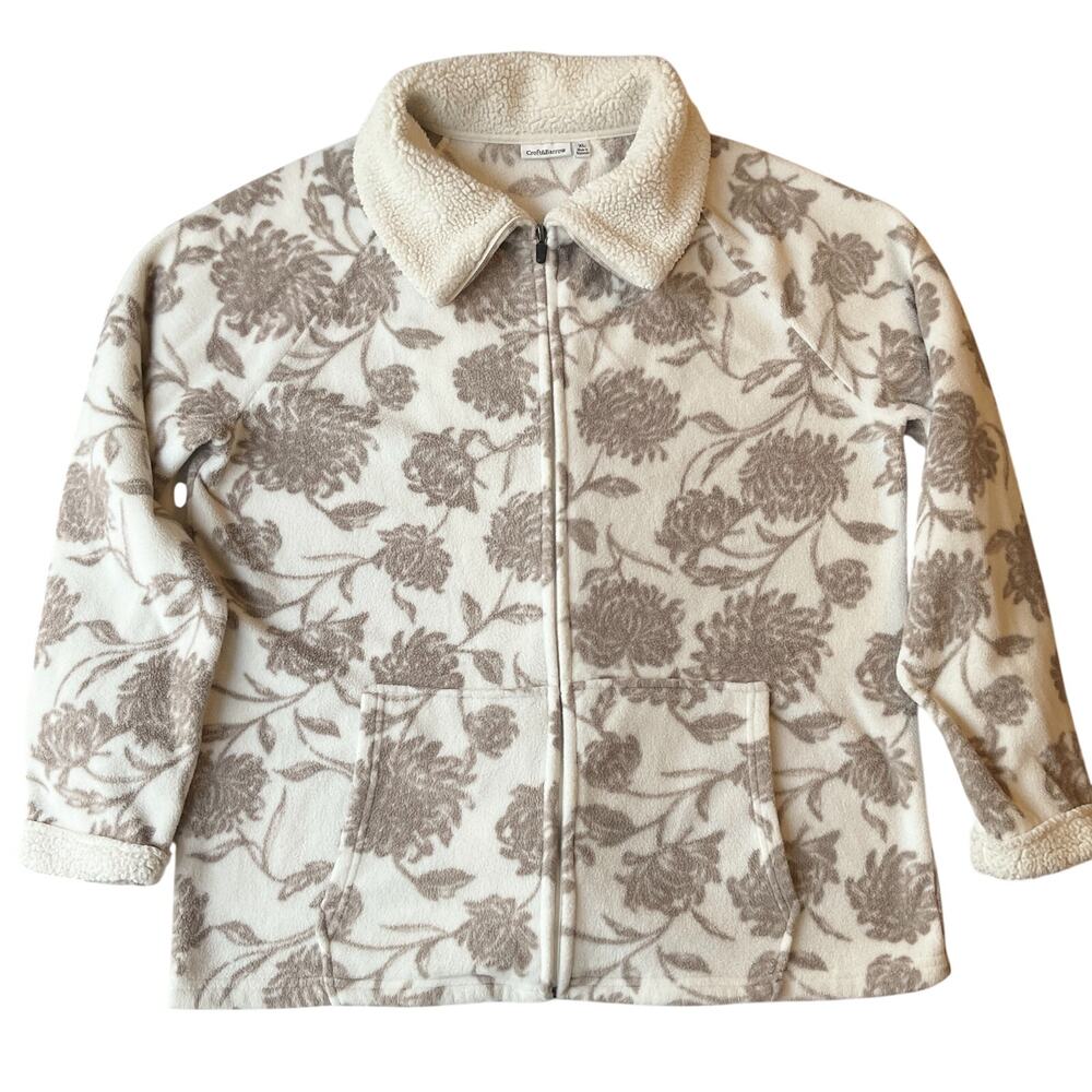 Croft & Barrow Women Jacket XL White Floral Fleece Long Sleeve Faux Fur Hoodie